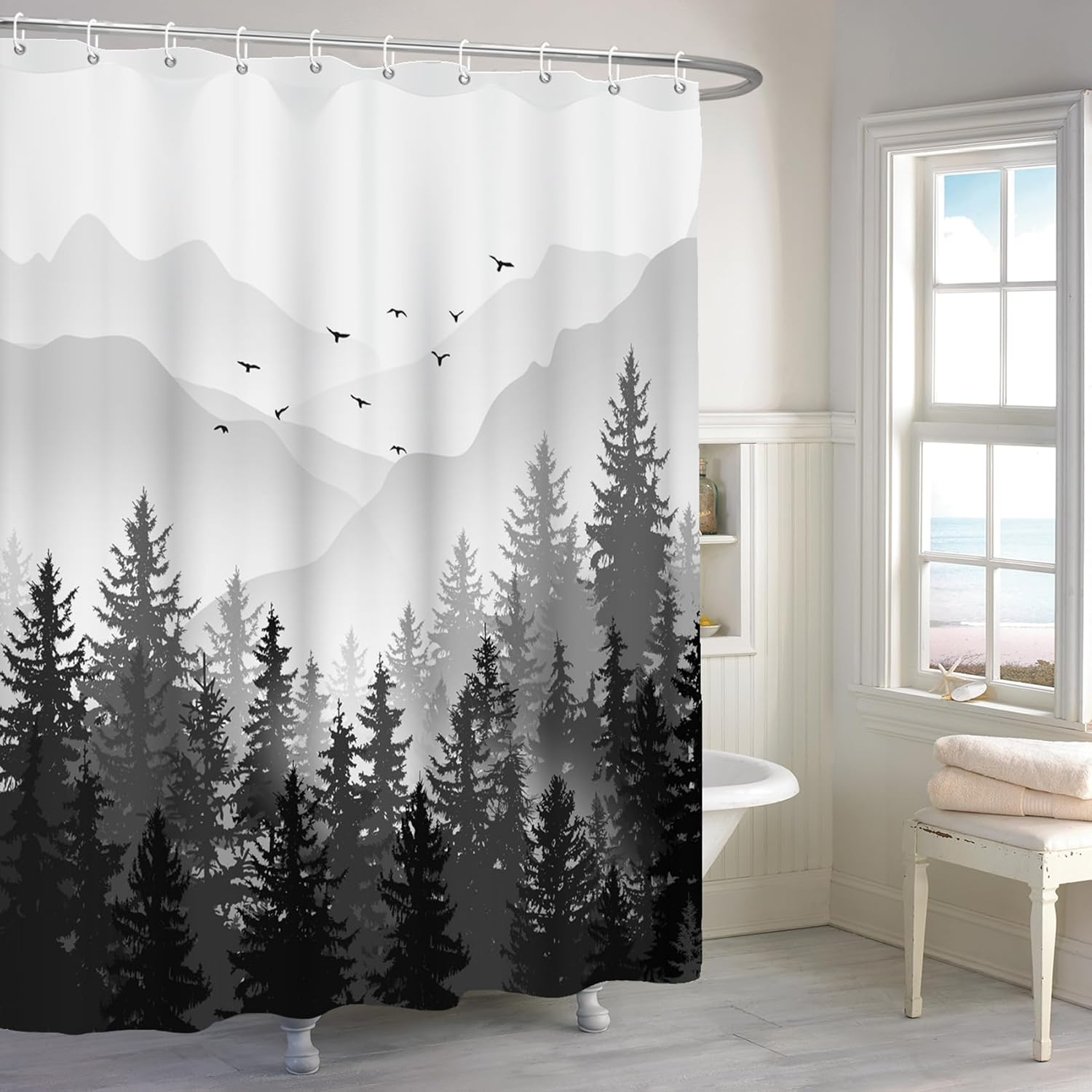 60X72 Inches Black Misty Forest Shower Curtain Nature Pine Tree Woodland Abstract Mountain Scenery Fabric Shower Curtains for Bathroom Decor Waterproof Polyester with Hooks