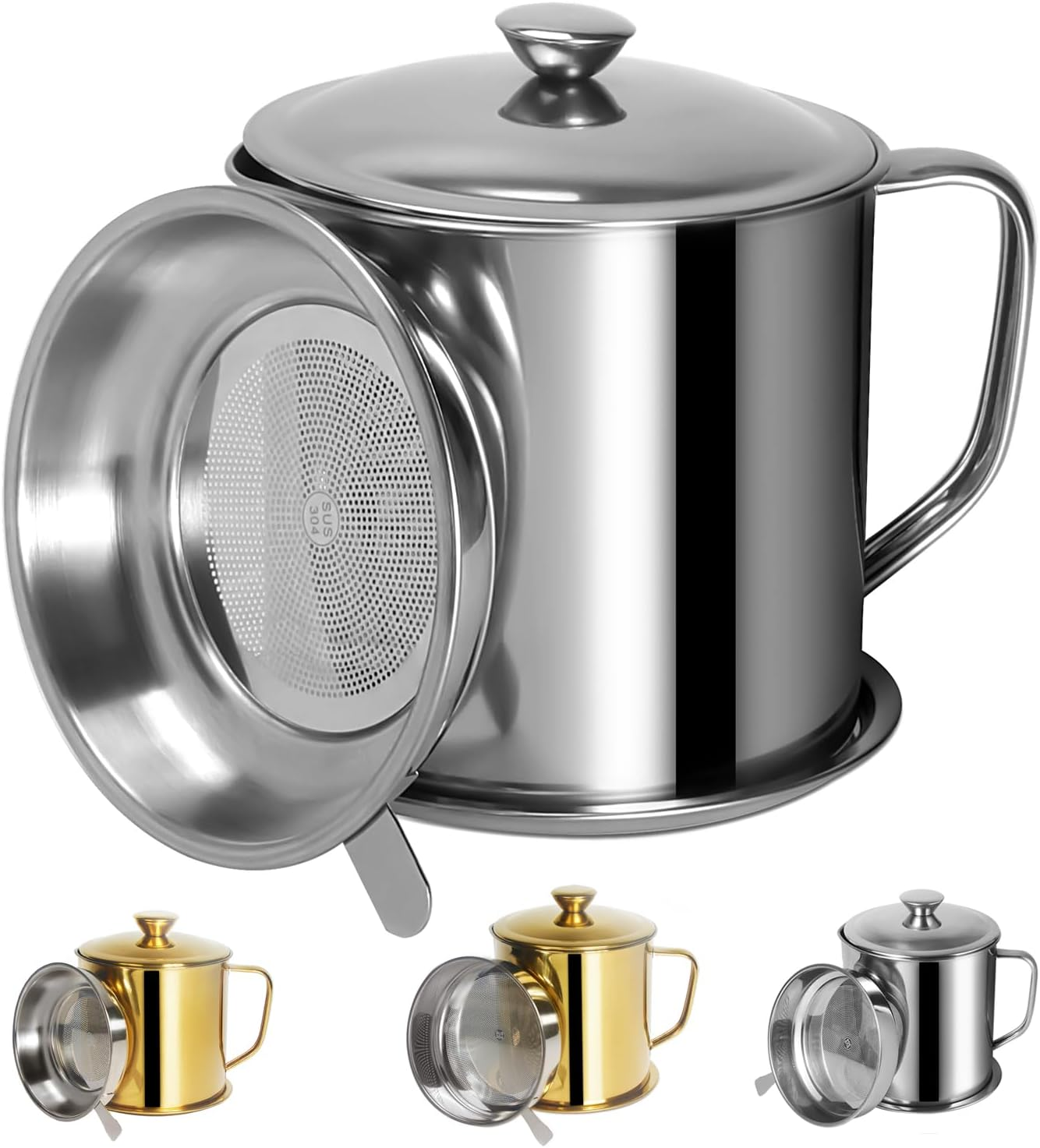 Bacon Grease Container with Strainer 1.25 L / 42 Oz Strong Kitchen Catcher Food-Grade Stainless Steel Cooking Oil Keeper with Lid and Easy-Grip Handle Suitable for Storing Frying Oil