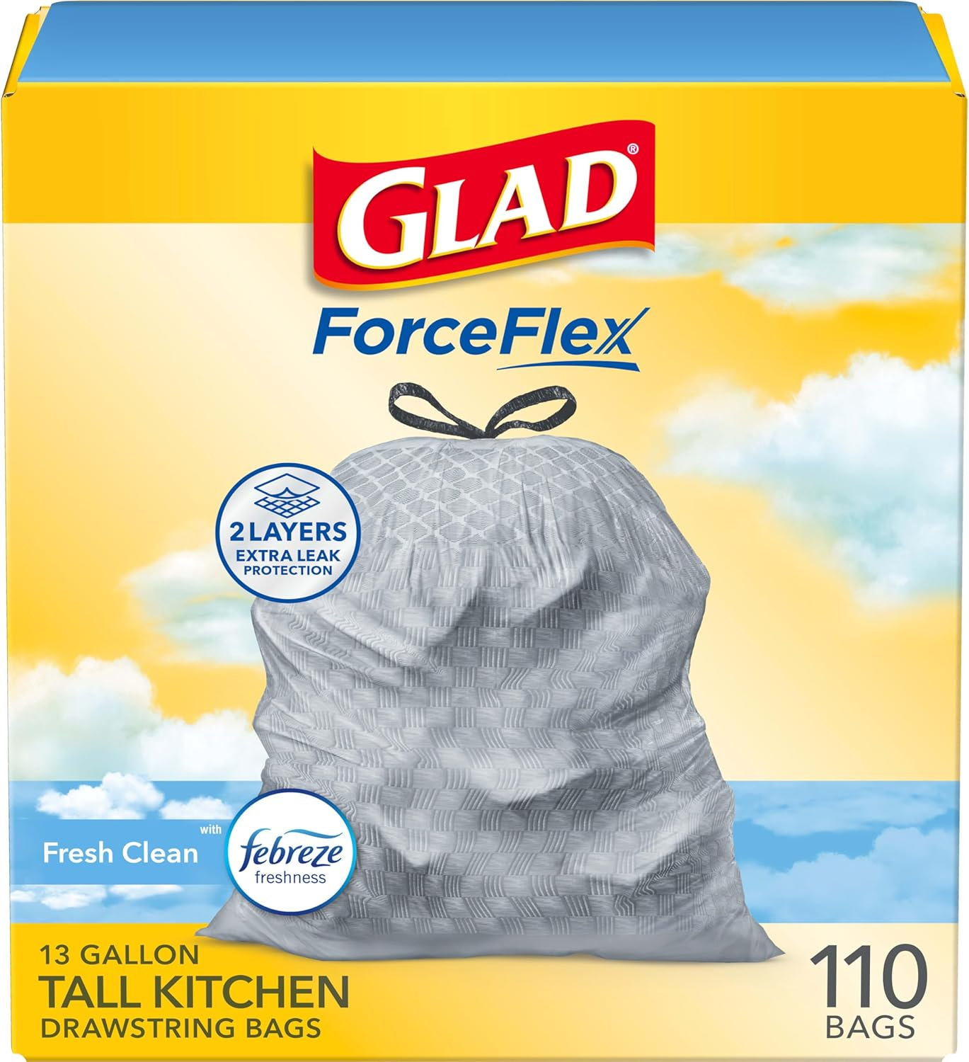 Glad Tall Kitchen Trash Bags, Odorshield 13 Gallon, Febreze Fresh Clean, 110 Count