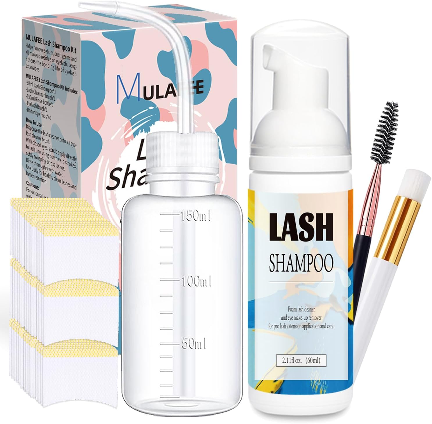 Eyelash Extension Cleanser, Lash Extension Shampoo Kit, Oils, Paraben & Sulfate Free Foaming 60 ML Eyelash Shampoo with Rinse Bottle and Soft Brush Safe for Salon Use and Home Care