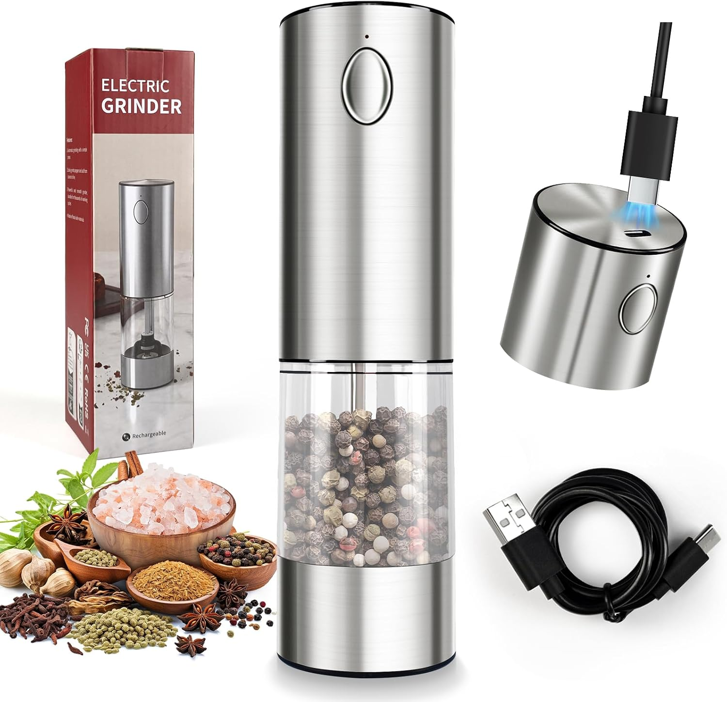 Single Electric Salt or Pepper Grinder, 1 Pack USB-C Rechargeable Pepper Mill with 95Ml Capacity, 5 Coarseness Settings, LED Light, Stainless Steel Automatic Grinder for One-Hand Kitchen Use