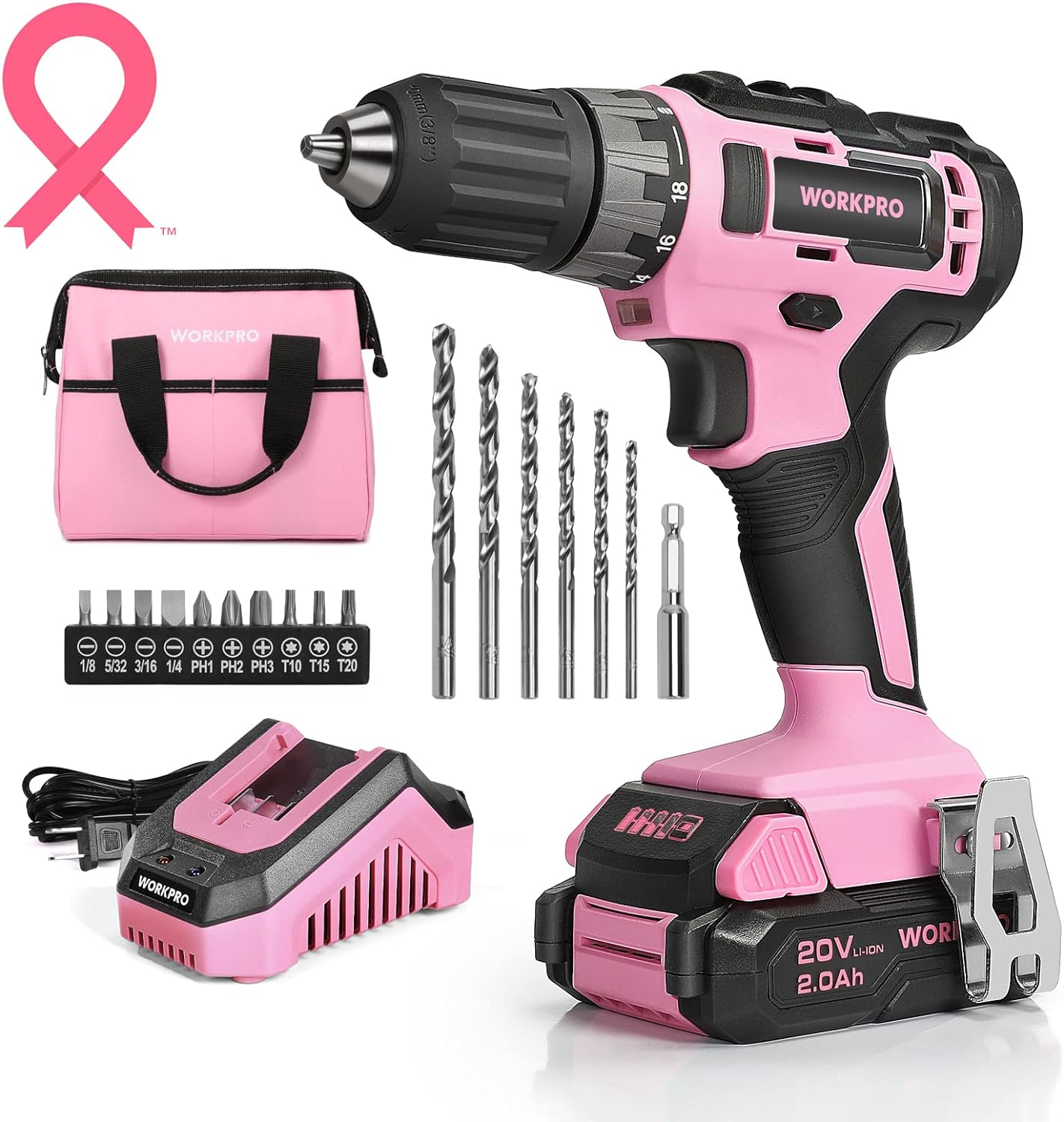 20V Pink Cordless Drill Driver Set, 3/8” Keyless Chuck, 2.0 Ah Li-Ion Battery, 1 Hour Fast Charger and 11-Inch Storage Bag Included - Pink Ribbon
