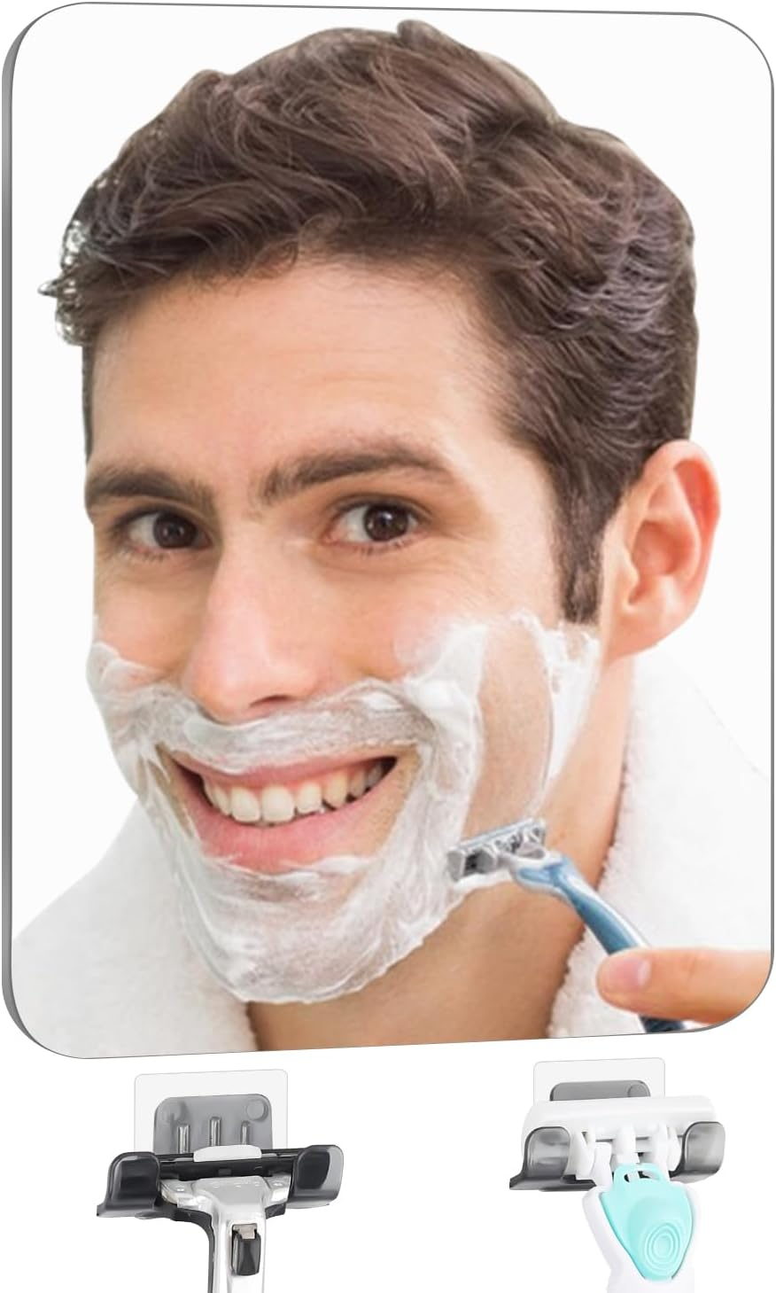 Shower Mirror Fogless Shaving with Razor Holder for Shower, anti Fog Shower Mirror & Includes 2 Razor Hooks & 2 Mirror Hooks, Easy Install & Unbreakable, Mirror for Shower Wall(Small 6.8X5.2In)