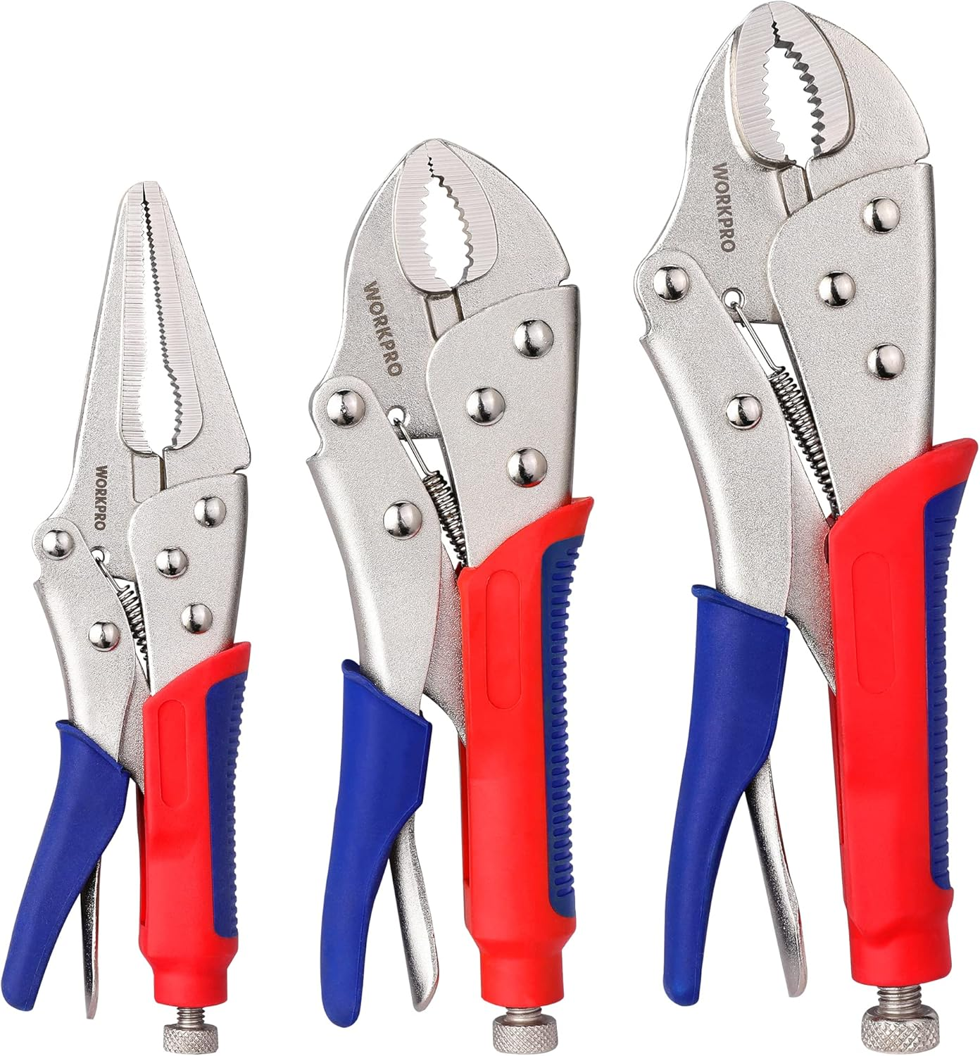 3-Piece Locking Pliers Set, 10-inch Curved Jaw, 7-inch Curved Jaw and 6-1/2-inch Straight Jaw
