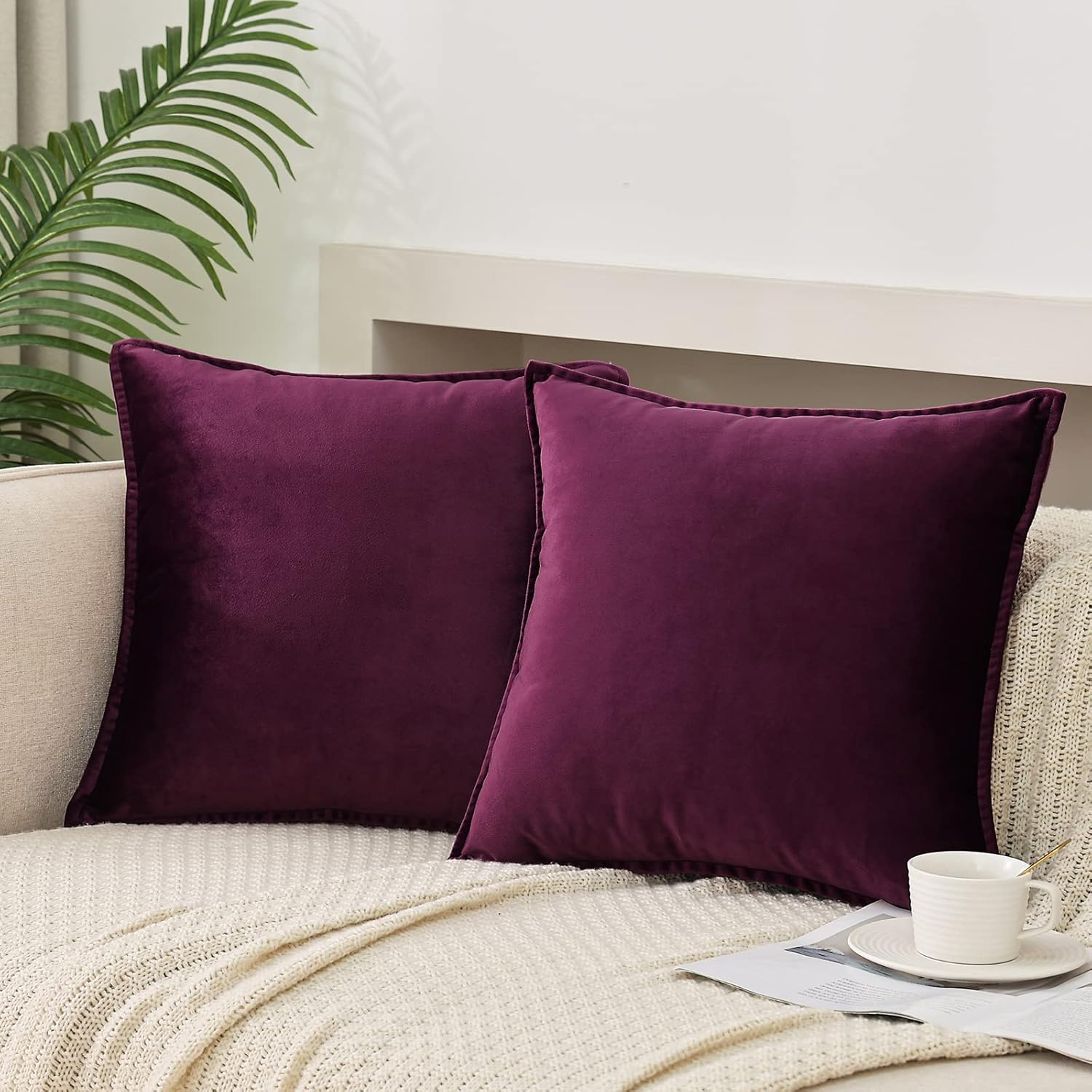 Velvet Purple Throw Pillow Covers Pack of 2 Spring Decorative Soft for Couch Sofa Bed Livingroom Office 18×18 Inches