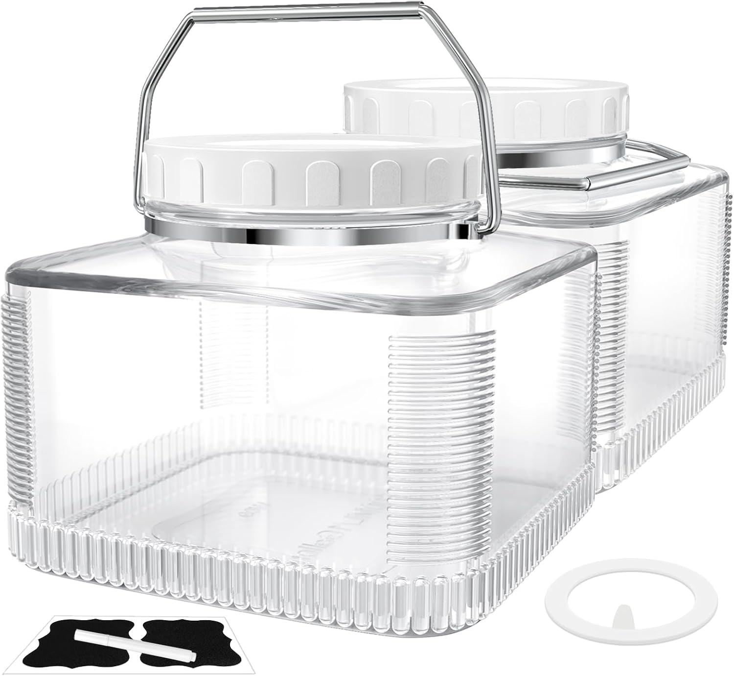 2 Pack 1 Gallon Glass Jar with Lid Square Large Mason Jar with Stainless Steel Handle and Leak Proof Screw Lid for Storing Eggs, Flour, Kombucha, Sugar, Pickle - Extra Gasket, Reusable Labels and Pen