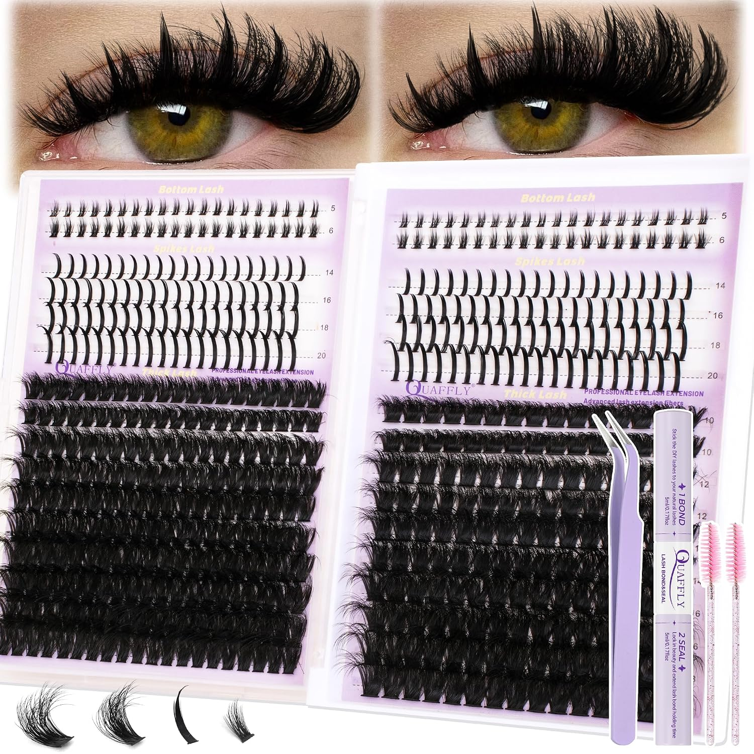 DIY Lash Extension Kit 100D+150D Volume Lash Clusters with Spikes Lash Extension Kit Bottom Lashes Wispy Cluster Eyelash Extensions Kit with Lash Bond and Seal Tweezer Brush Easy to Apply