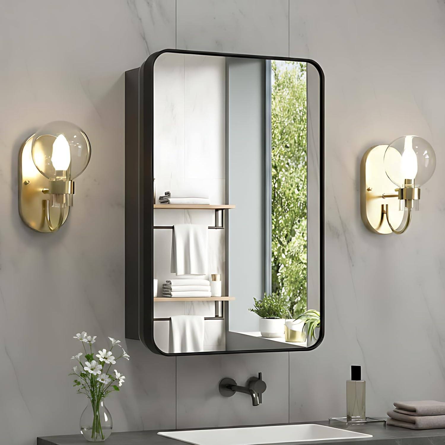 17 X 25 Bathroom Medicine Cabinet with Mirror – Brushed Brass Finish, Adjustable Shelves, Stainless Steel Frame, Rust-Resistant, Wall-Mounted Recessed or Surface Mount, Black