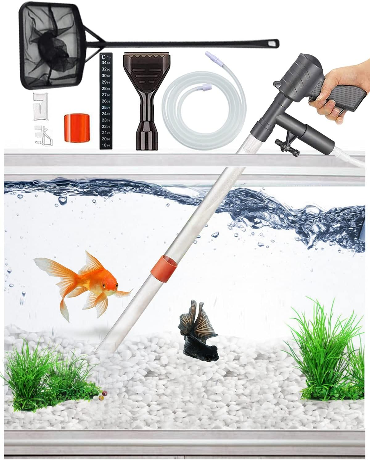 QZQ Aquarium Gravel Cleaner [2025 Edition] Vacuum Fish Tank Vacuum Cleaner Tools for Aquarium Water Changer with Aquarium Thermometers Fish Net Kit Use for Fish Tank Cleaning Gravel and Sand