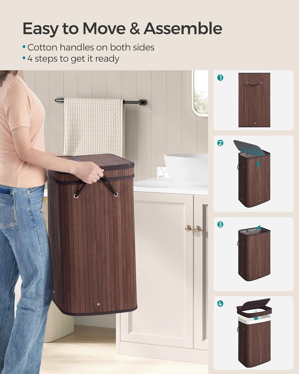 SONGMICS Laundry Hamper with Lid, Bamboo Laundry Basket, Removable Machine Wa... - Picture 7 of 13