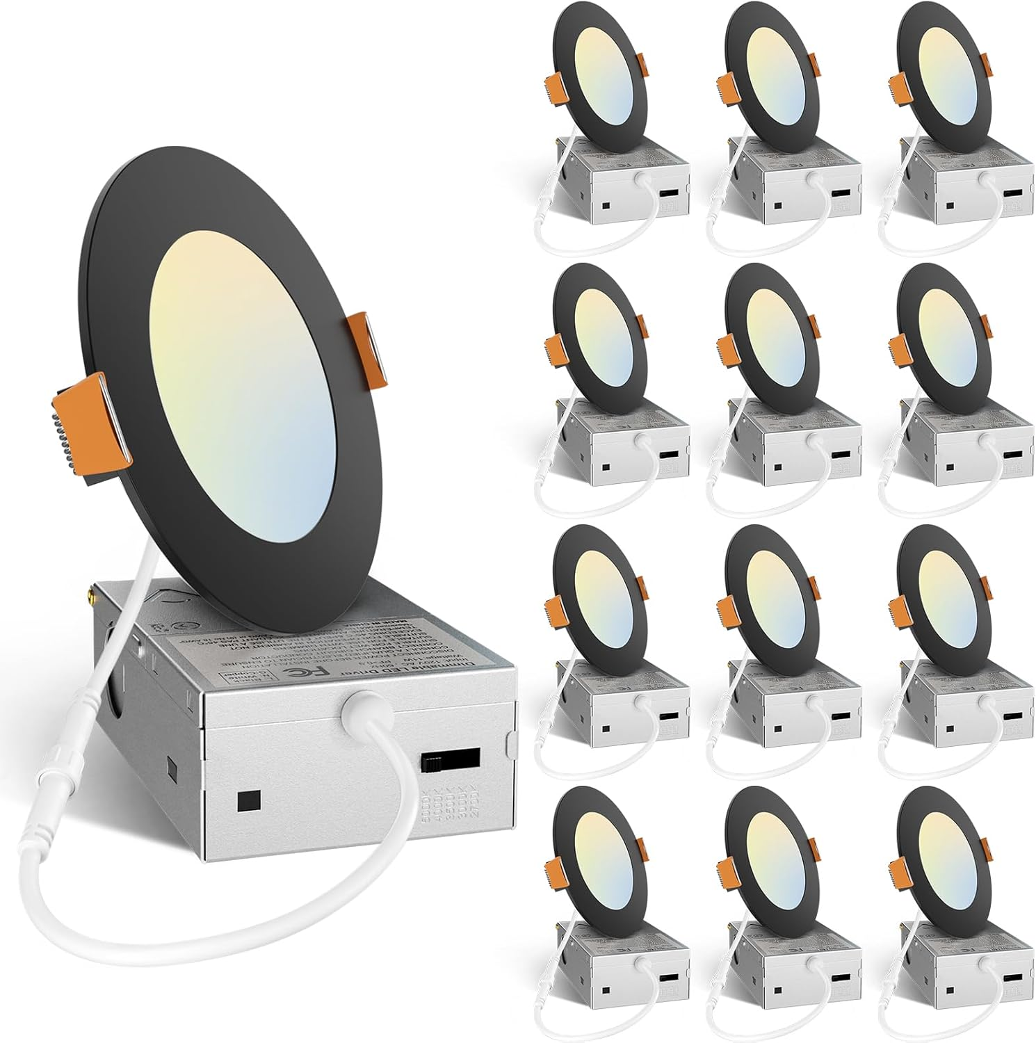 Amico 12 Pack 4 Inch 5CCT Ultra-Thin LED Recessed Ceiling Light with J-Box, 2700K/3000K/3500K/4000K/5000K Selectable, 11W Eqv 70W, Dimmable Canless Downlight, 800LM High Brightness, Black - ETL