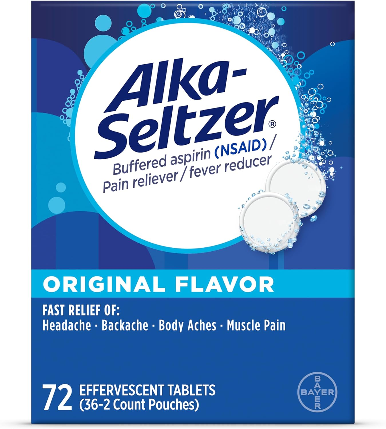 Alka-Seltzer Effervescent Tablets Original Flavor, Fast Multi-Symptom Relief from Headache and Body Ache, Dissolvable Effervescent Fizzy Tablets, 72 Ct
