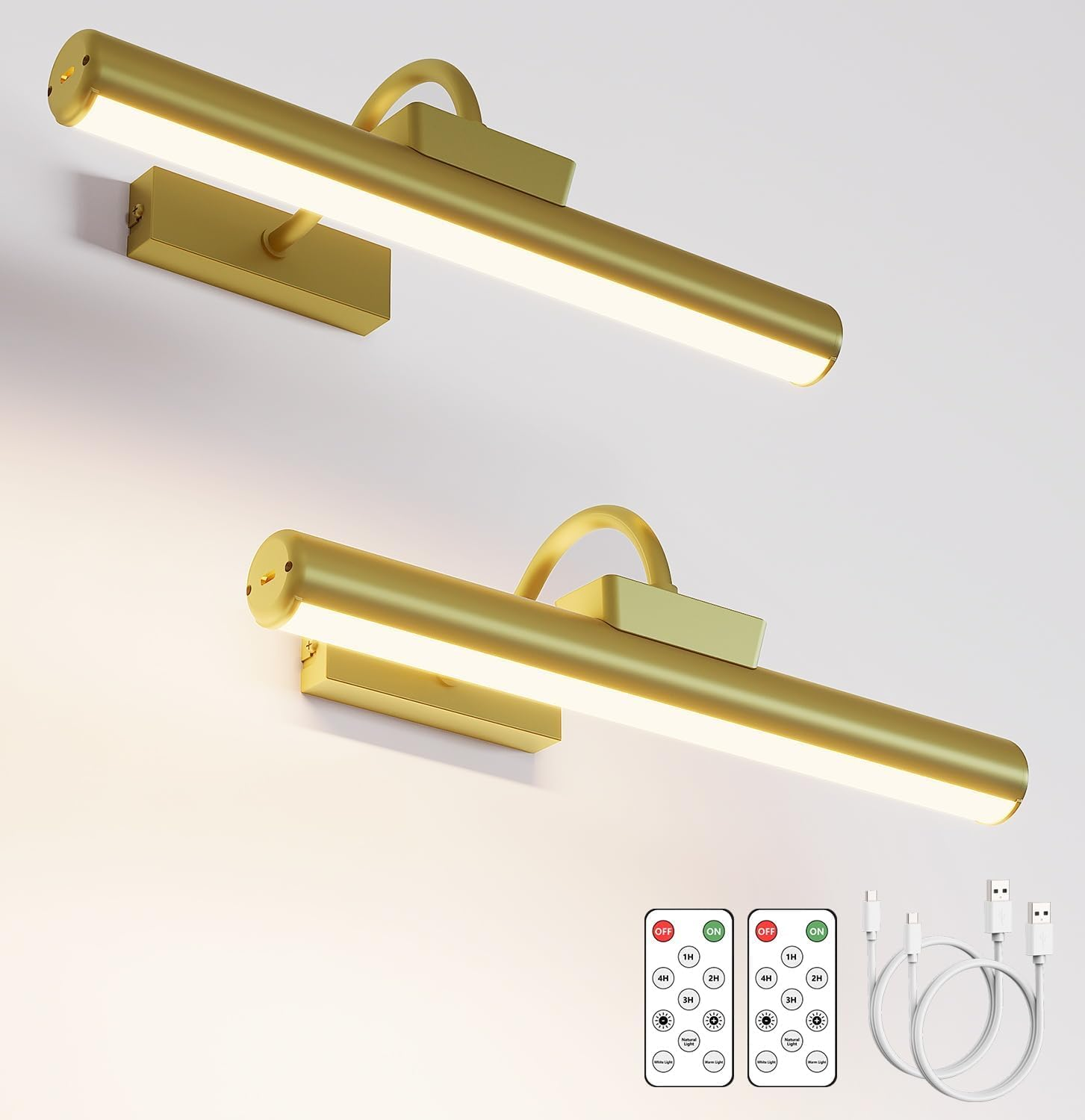 Picture Light Battery Operated, 13In Wireless Art Light for Paintings, Dimmable 5000Mah Recharging Battery Picture Light with Remote Control for Wall, Gallery Dartboard Art Bedroom (Gold-2Pack)