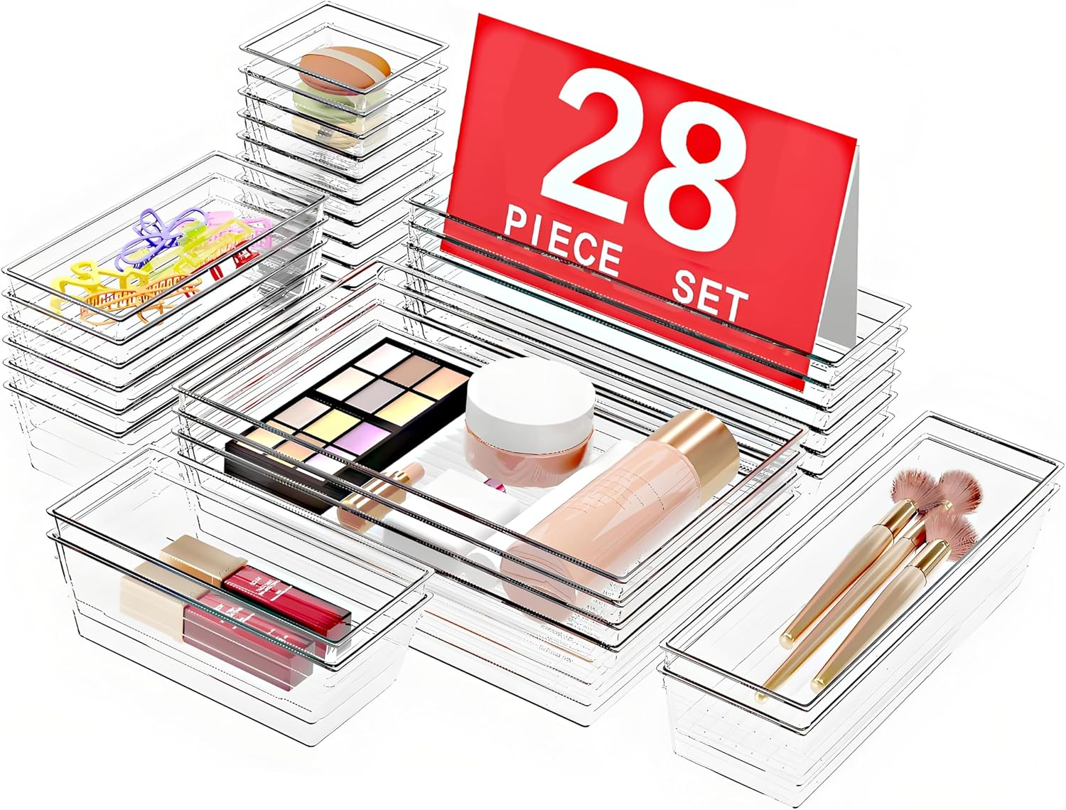 28 PCS Clear Plastic Drawer Organizers Set, 4-Size Versatile Bathroom and Vanity Drawer Organizer Trays, Storage Bins for Makeup, Bedroom, Kitchen Gadgets Utensils and Office