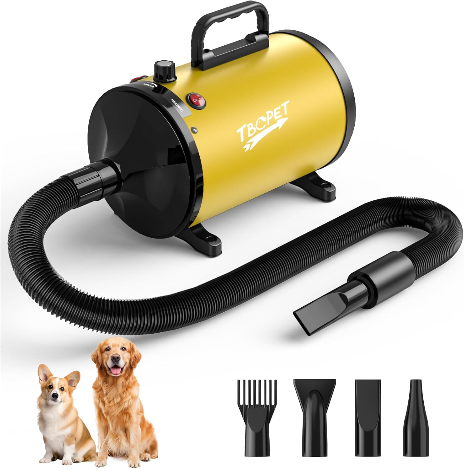 High Velocity Dog Dryer 5.2HP, Adjustable Speed & Temp, 4 Nozzles, Yellow