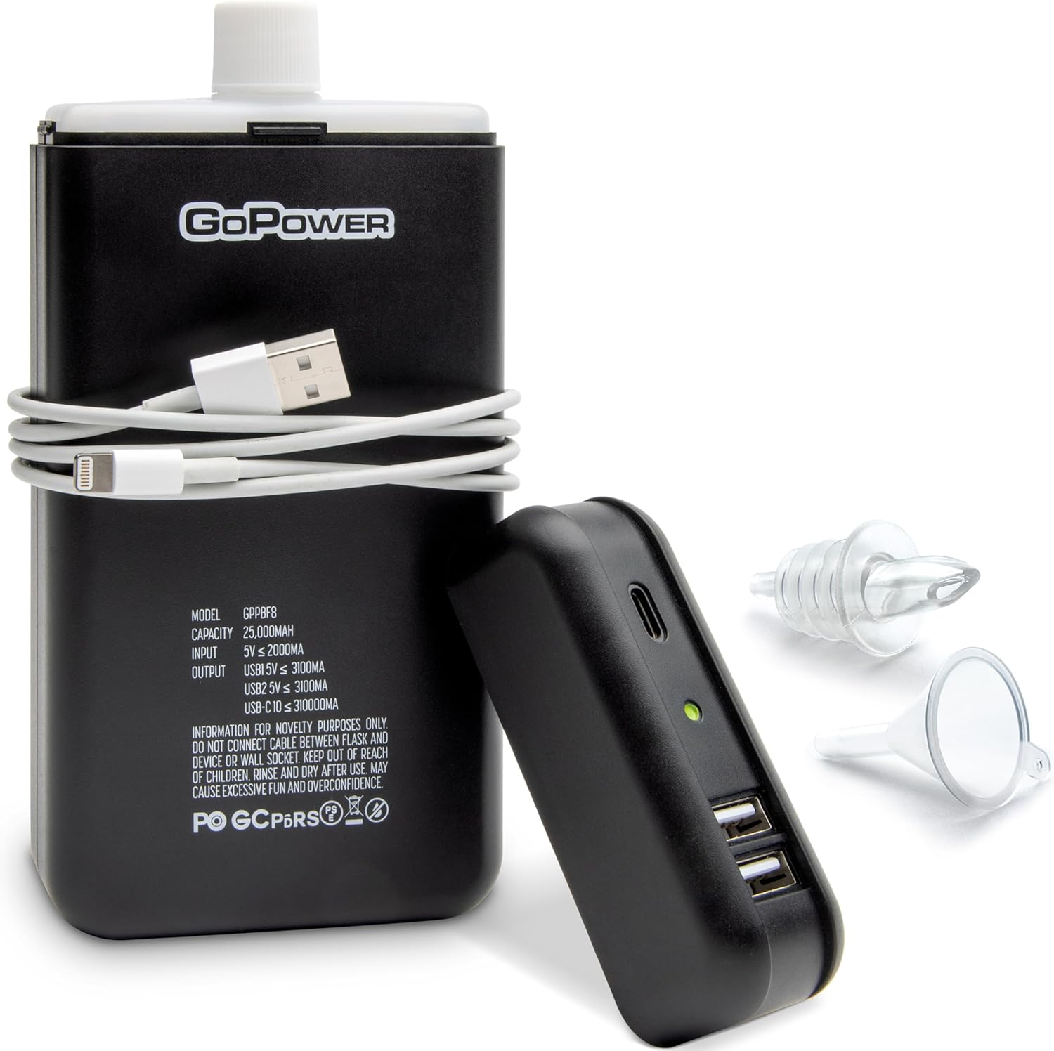 Power Bank Flask (8 Oz) - Hidden Alcohol Travel Flask – Secret Liquor Container for Beaches, Cruises, and Sports Events – Includes Funnel & Spout