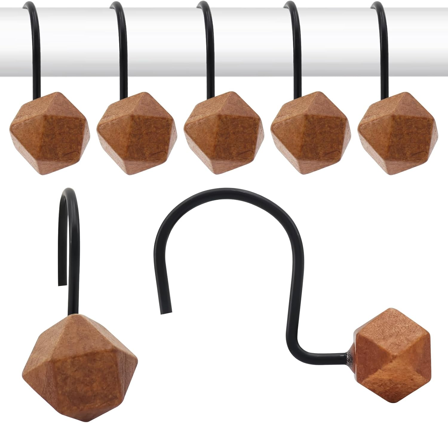 Modern Polygon Wood Shower Curtain Hooks - 12PCS Black Decorative Rings