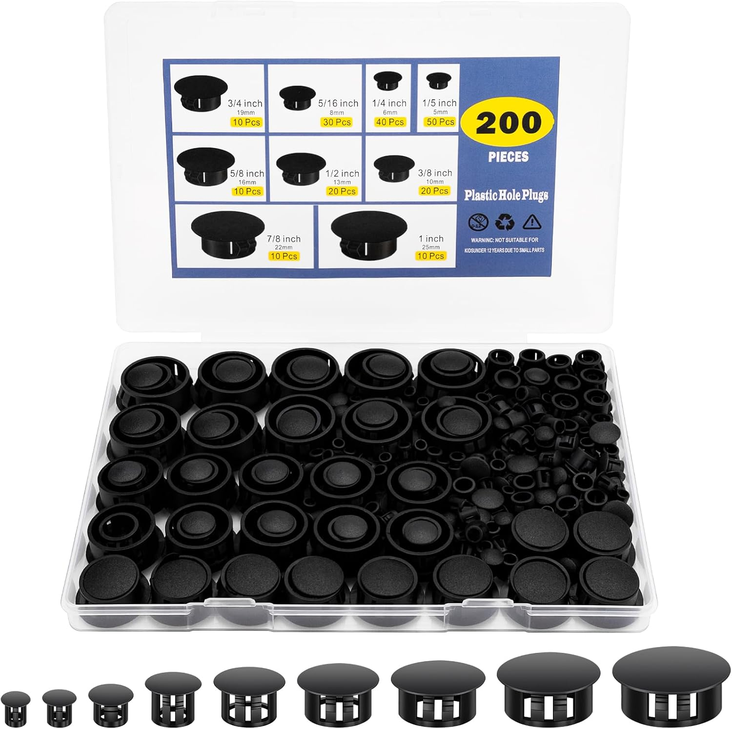 200Pcs Nylon Hole Plug Set 9 Sizes Plastic Hole Plugs, Assorted Sizes, Precision Fit End Caps for Cabinets & Furniture (Black)