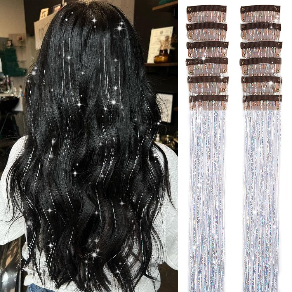 Hair Tinsel Pack of 12 Pcs Clip in Hair Tinsel Kit, 20 Inch