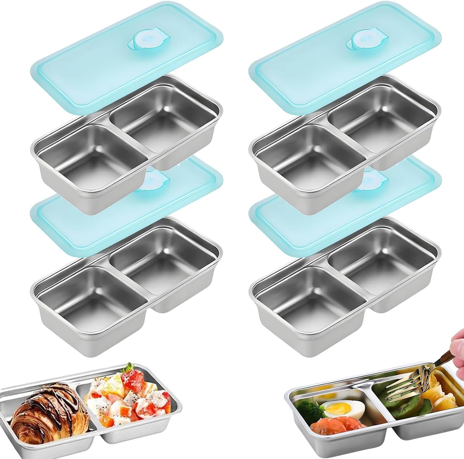 4PCS Grab and Go Snack Containers Stainless Steel Double Compartment Snack Containers, Dishwasher- Reusable Condiment Container with Lids, Snacks Dips Takeout  and Outdoor Camping