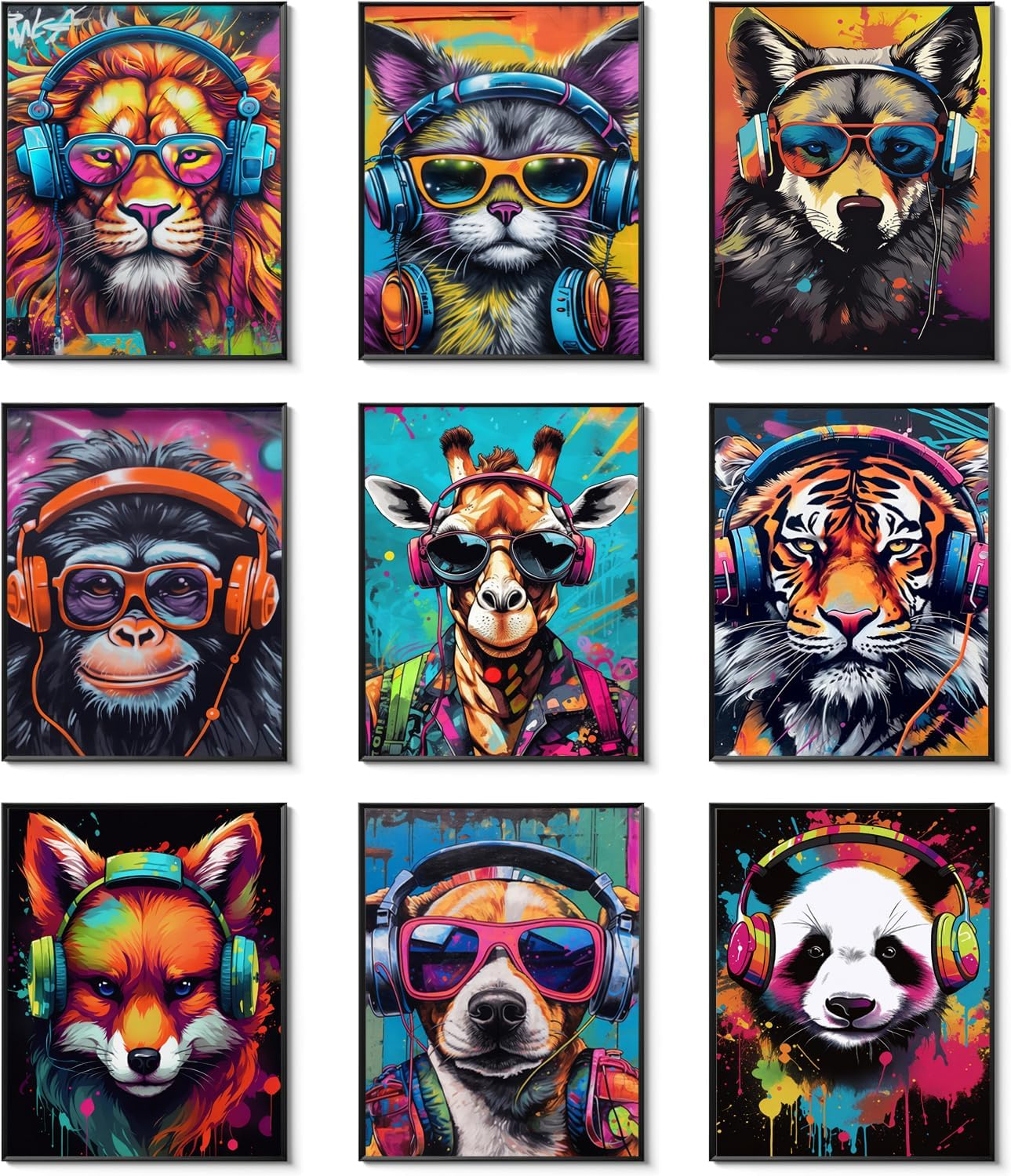 Graffiti Gaming Posters Wall Art Set of 9, Boys Gamer Controller Wall Decor Paintings, DJ Animals Earphone Picture Prints Boys Room Kids teeny for Room Bedroom Decoration 8x10In Unframed