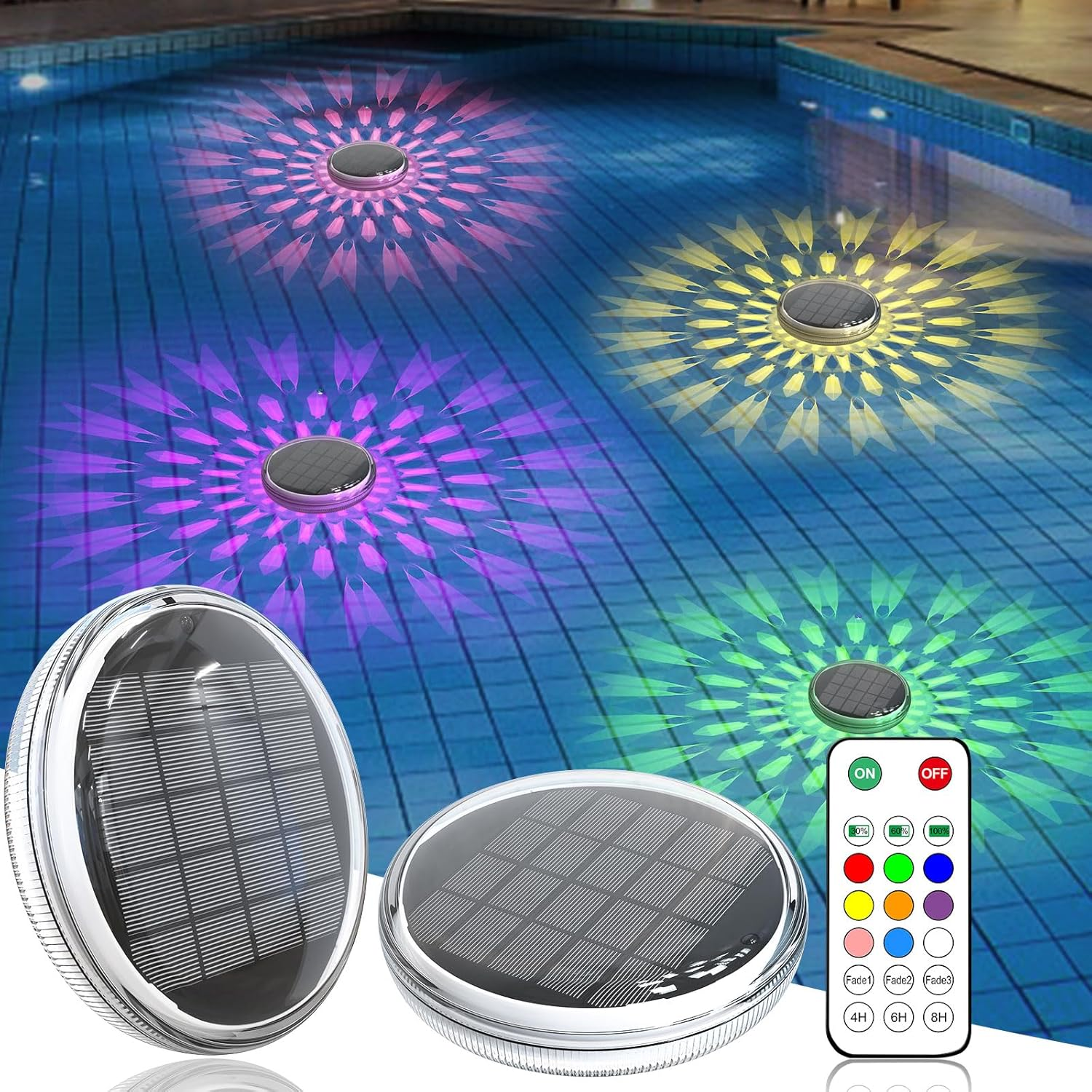 Solar Powered Floating Pool Lights(2 Pack), Pool Lights That Float with Remote Control, 12 Lighting, Timing Mode, IP67 Waterproof for Inground/Above Ground Pool, Pool Party Bathroom, Bathtub, Garden