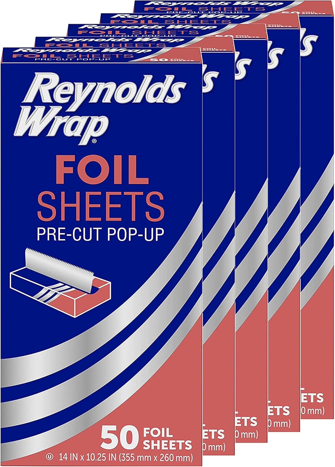 Wrap Pre-Cut Pop-Up Aluminum Foil Sheets, 14 X 10.25 Inches, 50 Sheets (Pack of 5), 250 Total