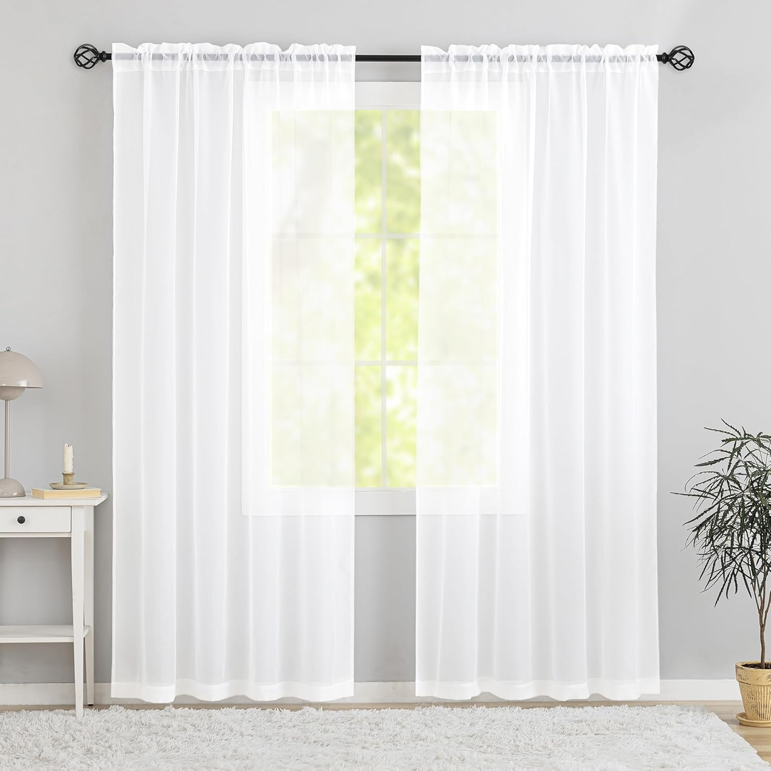 Semi Voile White Sheer Curtains 84 Inches Long 2 Panels Rod Pocket Window Treatment for Living Room Bedroom Dining Room(White 52