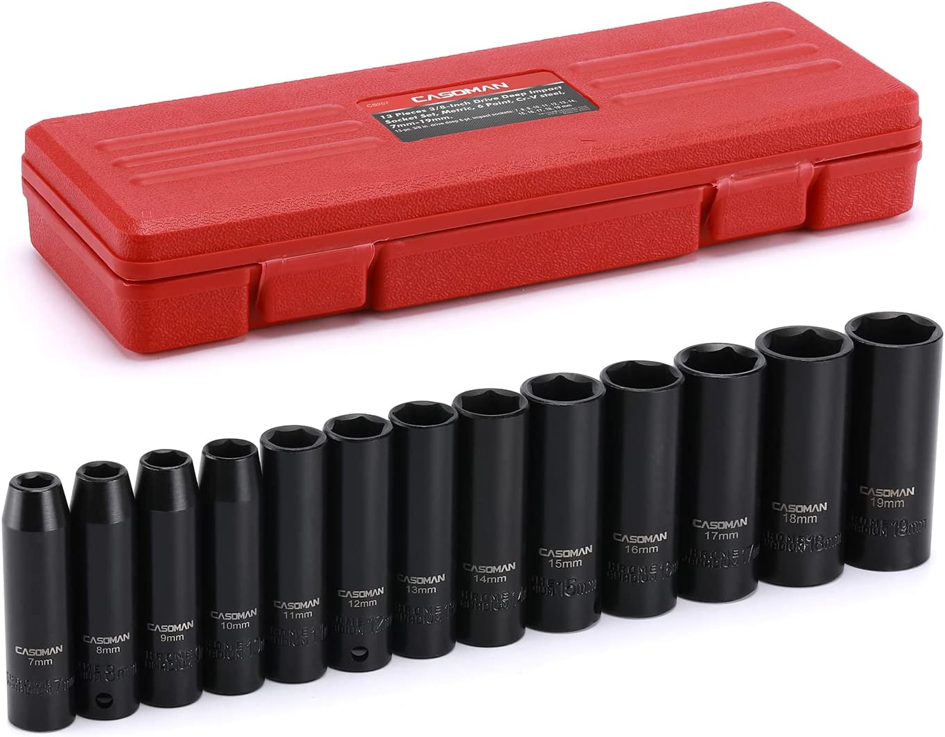13 Pieces 3/8-Inch Drive Impact Socket Set, 6-Point, Metric, Deep, CR-V, 7mm to 19mm, Heavy Duty Blow Molded Storage Case