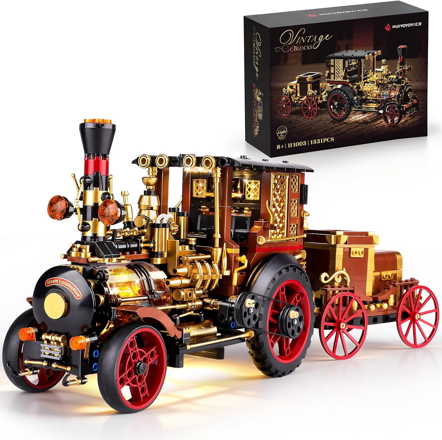 Vintage Car Steam Engine Building Blocks Set with Lights, Western Retro Steam Tractor Locomotive Model Building Kit for Vintage & West Lovers, Creative Home Office Decor Gift for Adults Teens