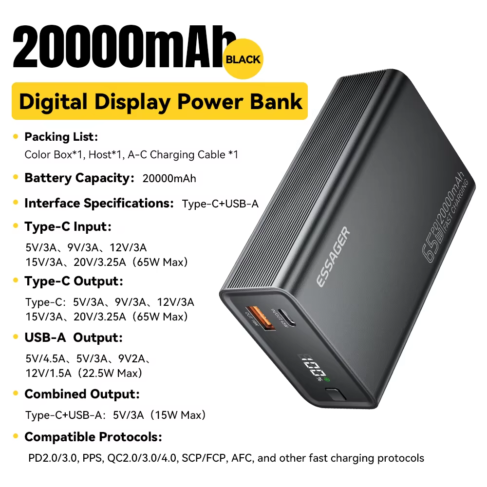 Power Bank 20000mAh Portable PD 65W Fast Charging Mobile Phone External Battery Powerbank For iPhone17 16 15 Laptop Mac