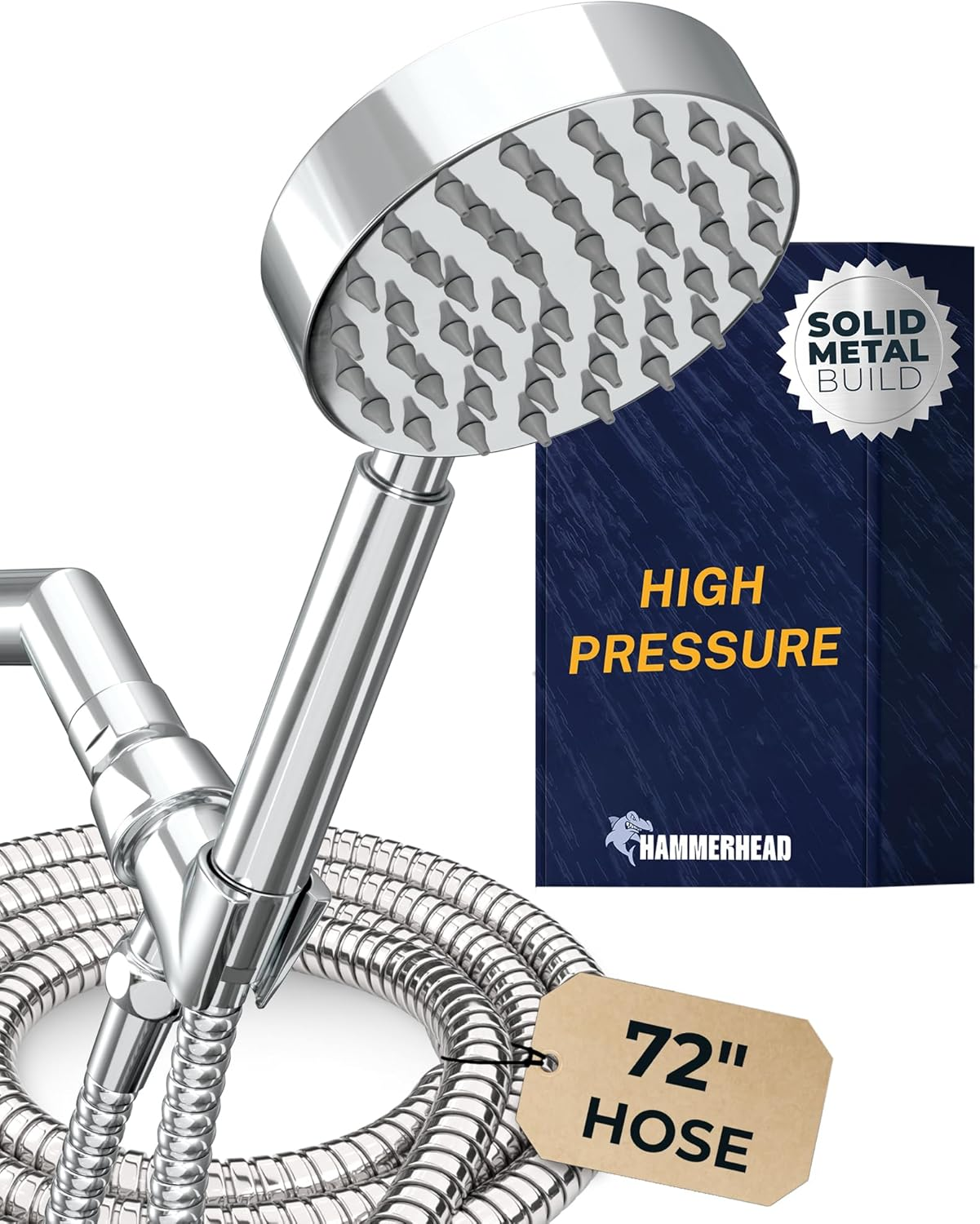 ® Solid Metal Handheld Shower Head with Hose and Brass Holder - CHROME - 2.5 GPM High Pressure Shower Heads with Adjustable Shower Wand Bracket - 6Ft Flexible Extension
