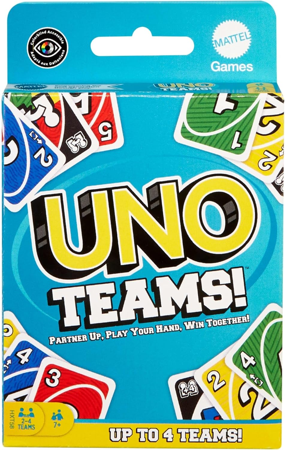 Mattel Games UNO Teams Card Game for Family Nights, Game Nights, Travel, Camping & Parties for Players 7 and up in up to Four Teams, with Cards Any Colorblind Player Can Use