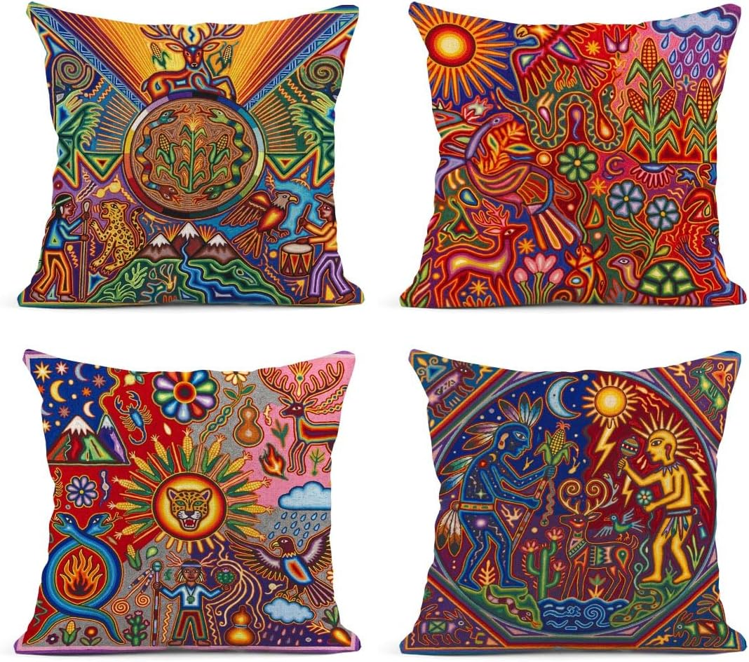 Set of 4 Linen Throw Pillow Covers Mexican Huichol Decorative Pillow Cases Home Decor Square 18X18 Inches Pillowcases