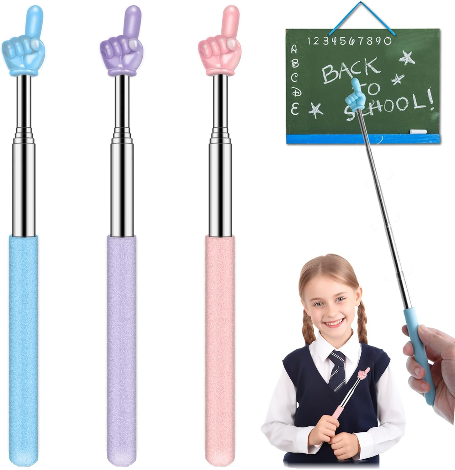 Retractable Teacher Pointer for Classroom Kids Reading, Dumero Extendable Finger Pointer Stick for School, Collapsible Finger Pointing Stick, Long Telescoping Hand Pointer, -3 Pack: Blue, Pink, Purple