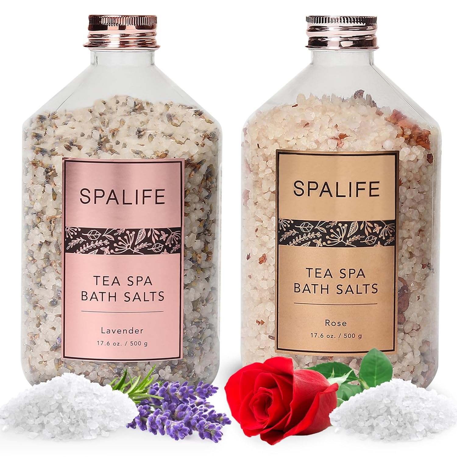 Spalife Tea Spa Petal-Infused Effervescent Mineral Bath Salts - Lavender & Rose, 2-Pack 17.6 Oz. Ea for Relaxing Aromatherapy and Soothing Soaks