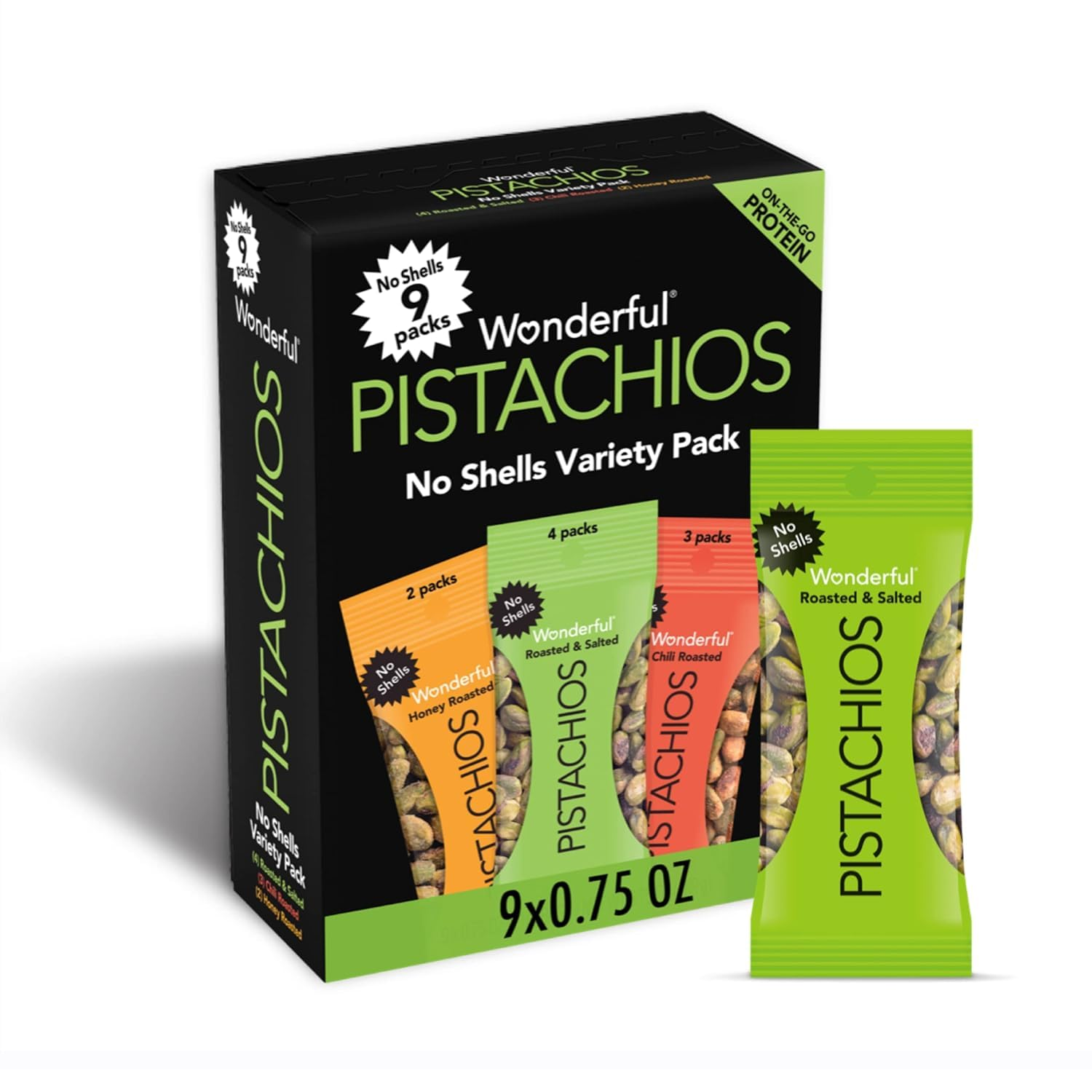 No Shells, 3 Flavors Mixed Variety Pack of 9 (0.75 Ounce), Roasted & Salted Nuts (4), Chili (3), Honey (2), Protein Snacks, Gluten Free, Pantry Staples, Healthy Snacks Variety Pack for Adults, Stocking Stuffers
