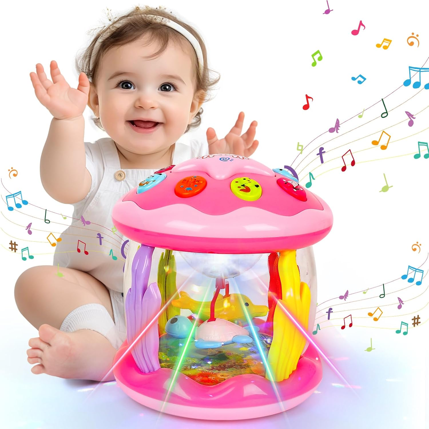Baby Girl Toys 6-12 Months - Babies Ocean Rotating Projector Light up Musical Toys for 12-18 Months Crawling Learning Tummy Time 1 2 Years Old Infant Boys Girls Pink