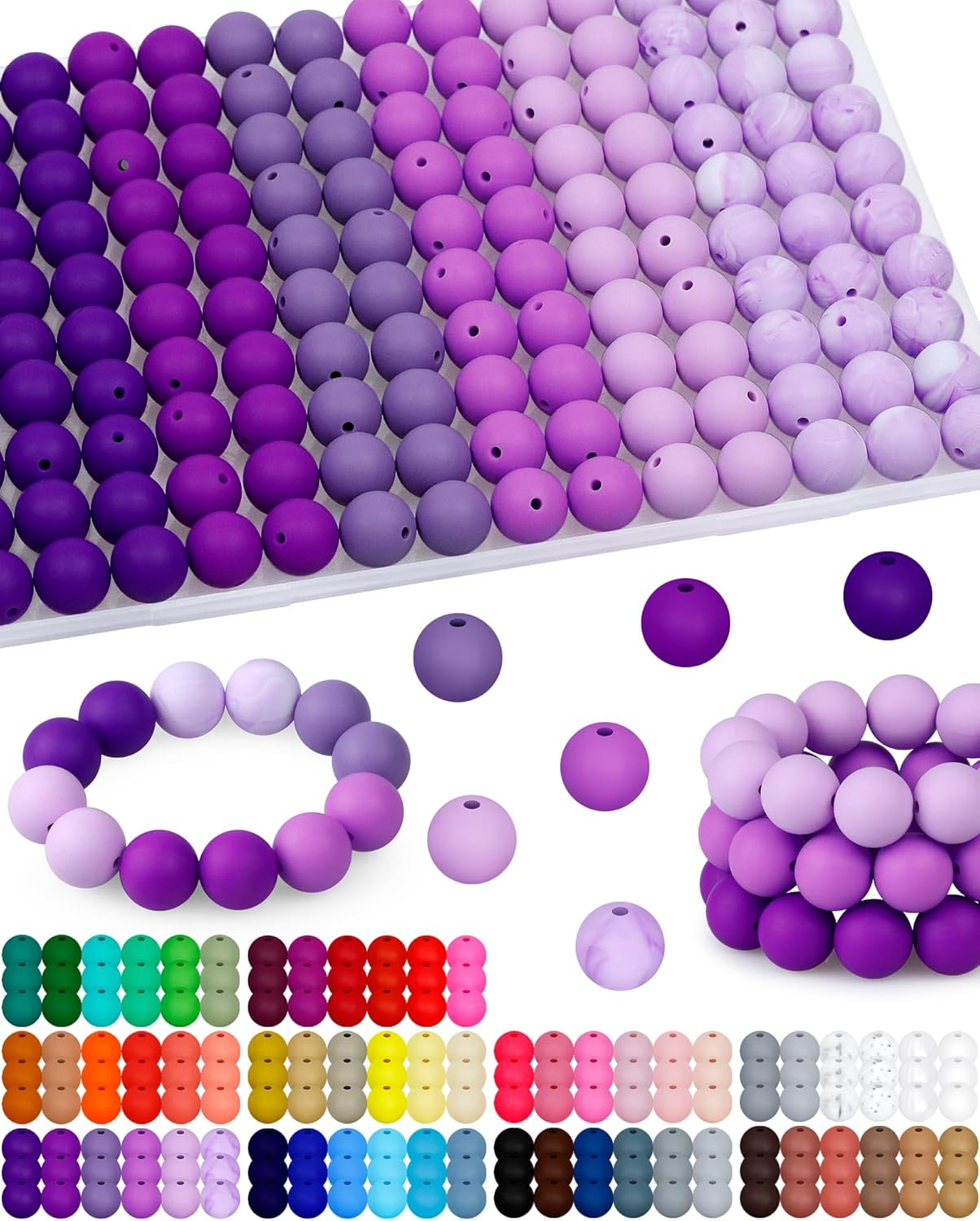 160PCS  15mm Silicone Beads for Keychain Making - Mixed Color Round Rubber Beads Bulk, DIY Craft Supplies for Bracelets Necklaces Pens(Purple)