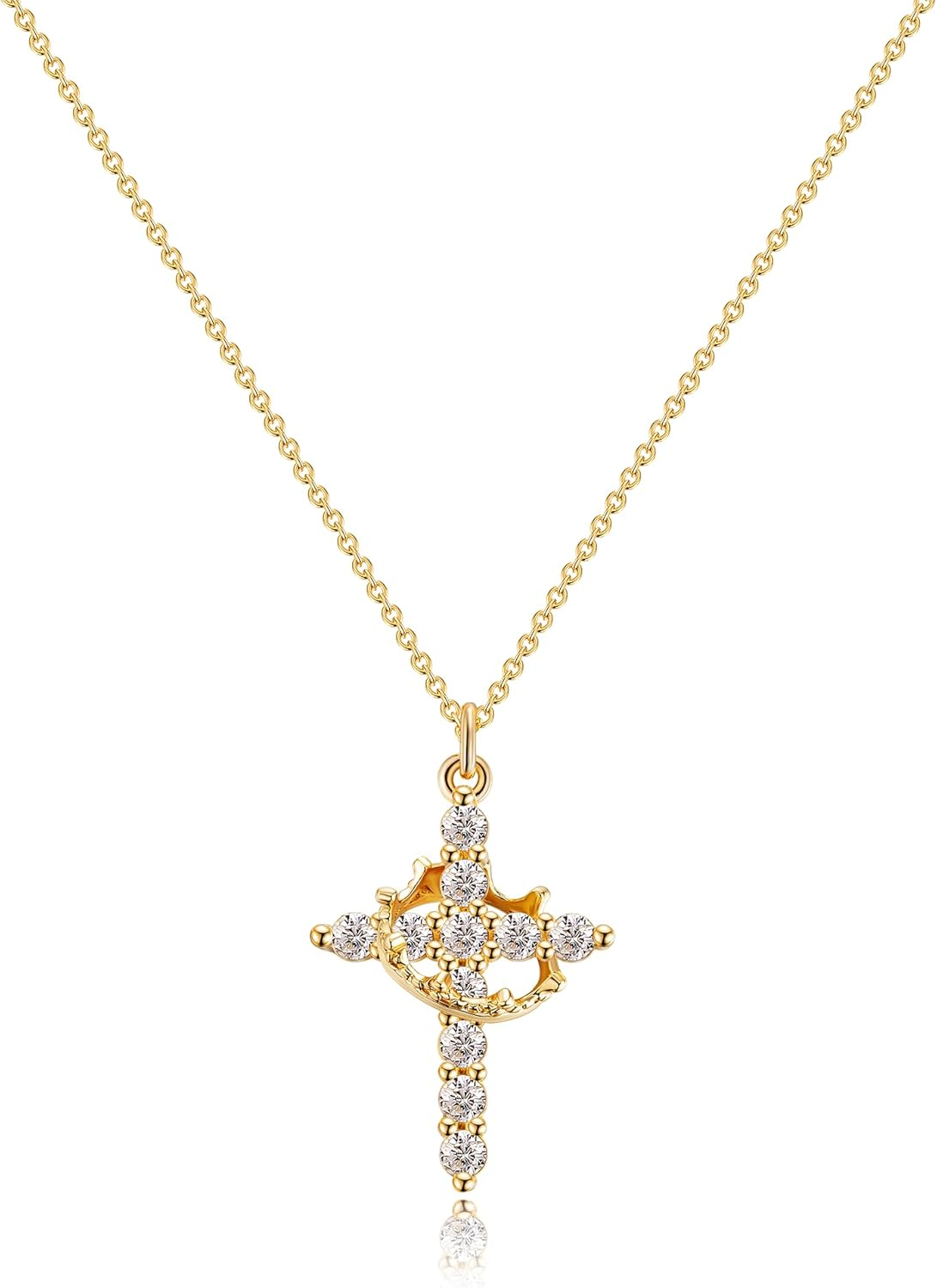 Christian Gift Stocking Stuffers Cross Necklace for Women-Dainty 14K Gold Plated/Silver Plated Pendant Necklaces Simple Cute Tiny Necklace Jewelry for Women