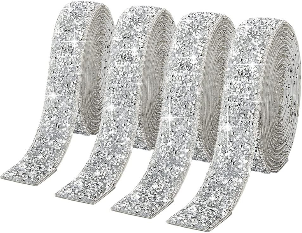 4 Rolls Silver Glitter Rhinestone Ribbon Self Adhesive Crystal Bling Wrap 10mm