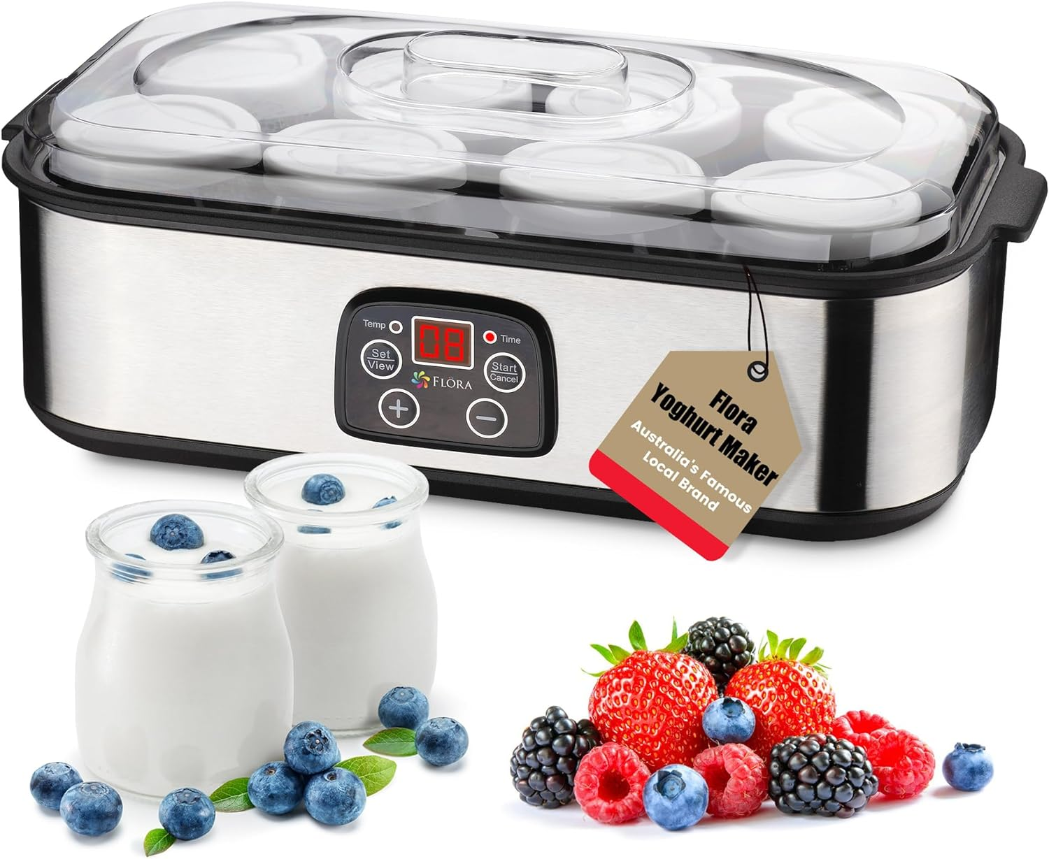 Electric Yoghurt Maker with 8 Glass Jars-Fermented Yogurt-Fl-Yme-816 | Australia Local Seller, SAA Plug, Auto Digital LCD Display, Temperature Setting, Natto/Rice Wine/Curd Making