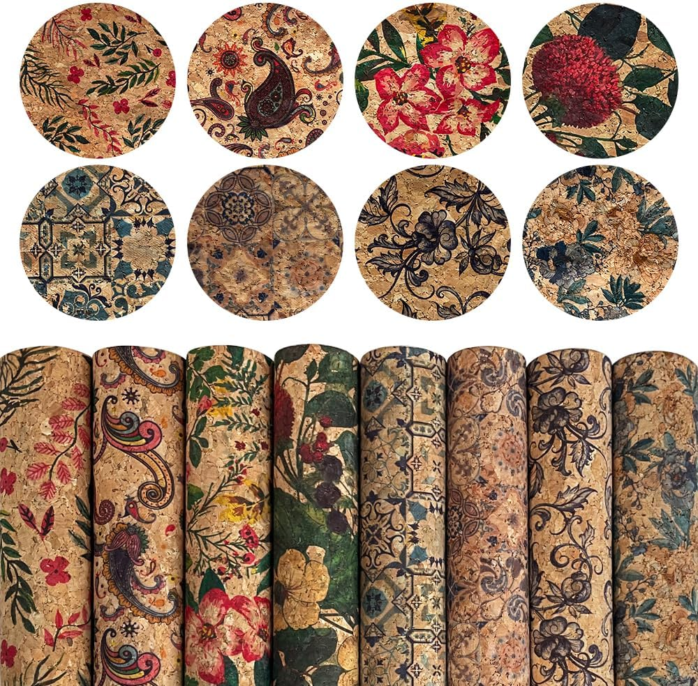 8 Pcs Colorful Cork Fabric, Soft Natural Texture Cork Faux Leather Sheets Flo...