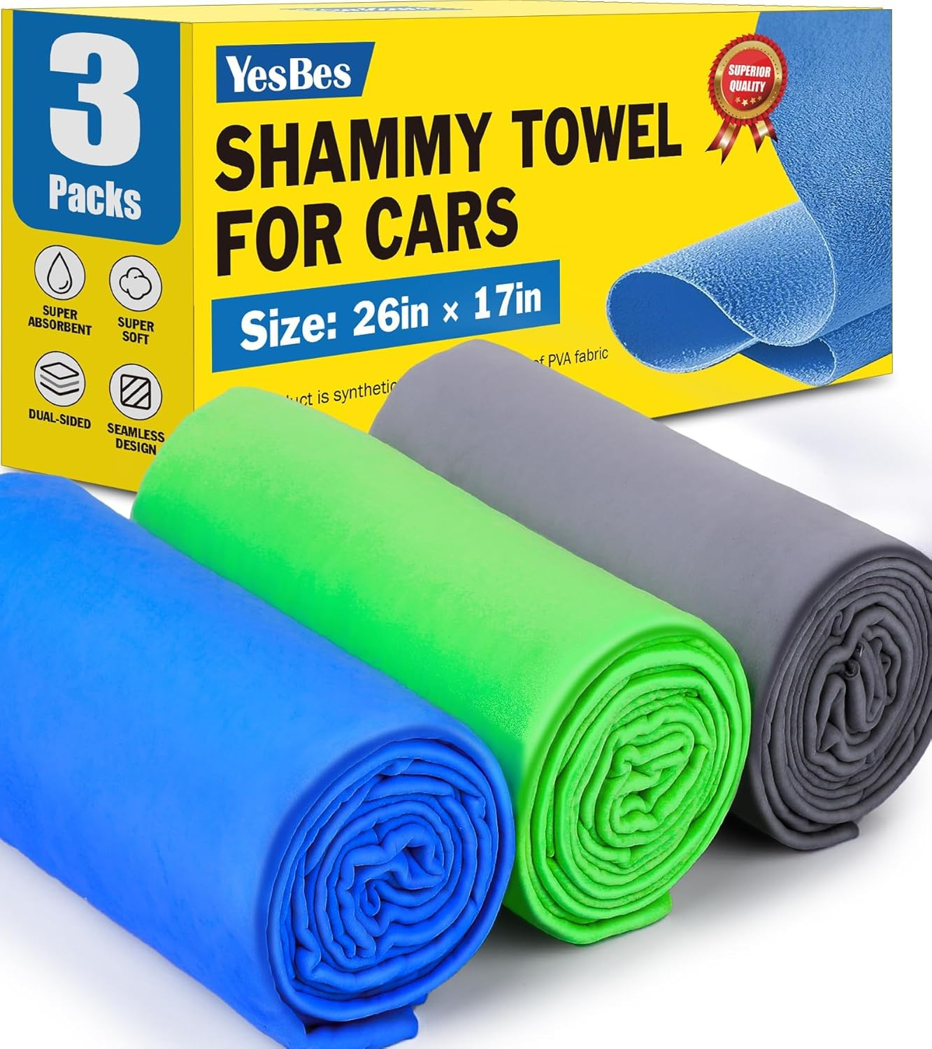 3 Pack Premium Shammy Cloth for Car Drying, 26”X17” Chamois Towel for Car, Super Absorbent Shammy Towel for Car, Reusable Soft Car Drying Towels
