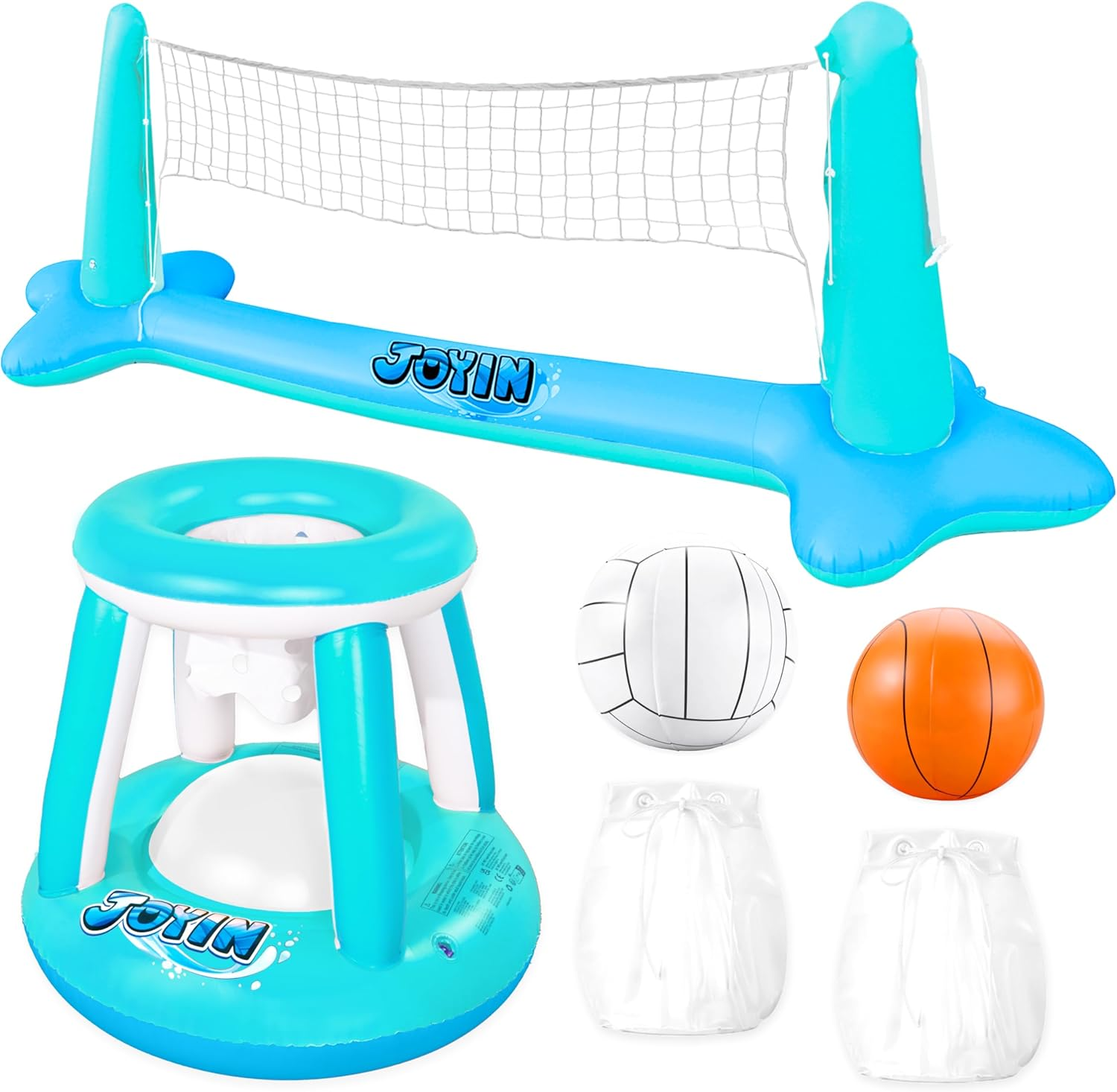 Inflatable Pool Float Set Volleyball Net & Basketball Hoops Balls for Kids and Adults Swimming Game Toy, Floating, Summer Floaties, Pool Party, Volleyball Court (105”X28”X35”) Basketball (27”X23”X27”)
