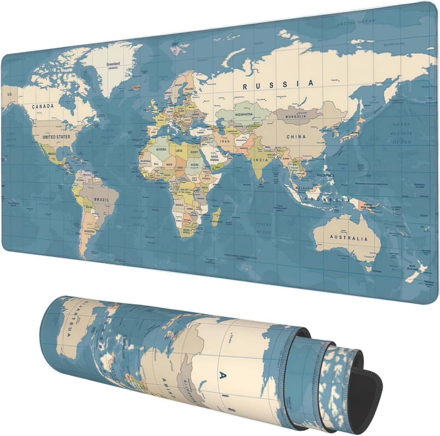 Desk Mat, Blue Vintage World Map Extended Gaming Mouse Pad Large, Big Mouse Pad with Non-Slip Base and Stitched Edge, Long Computer Keyboard Mouse Mat for Home Office Work (31.5"X11.8")