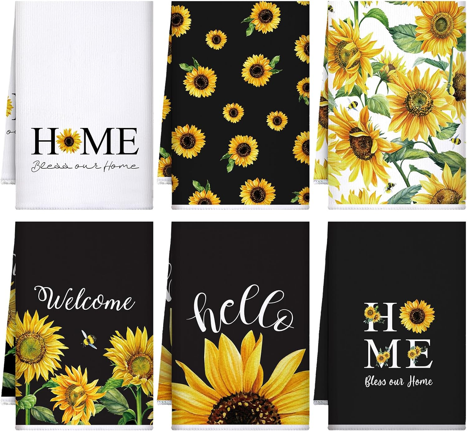 Geyoga 6 Pieces Sunflower Kitchen Towels Absorbent Dish Towels Decorative Tea Washcloth for Summer Kitchen Bathroom Home Decor,16 X 24 Inch (Black,White,Orange)