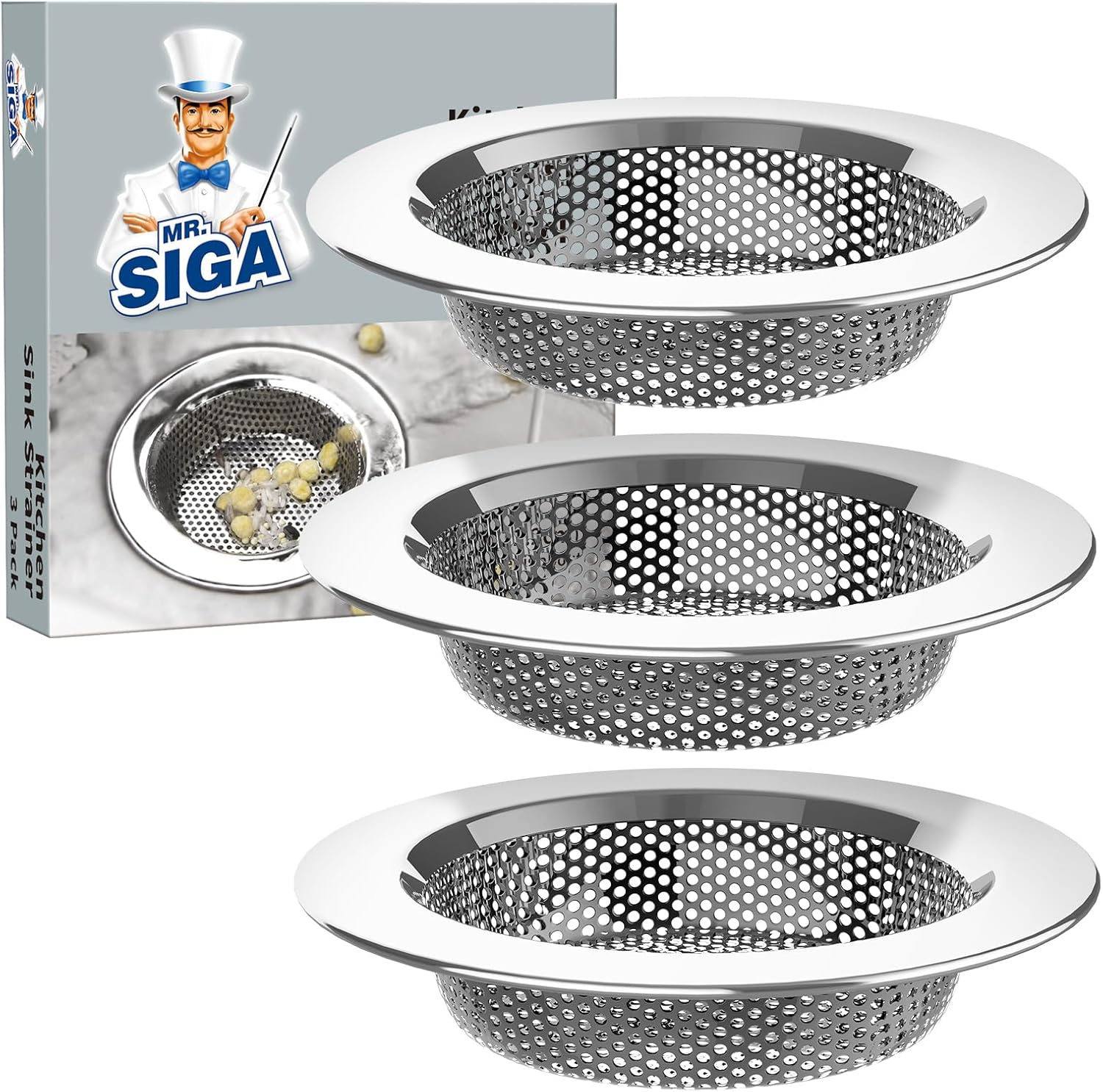 Kitchen Sink Strainer, Stainless Steel Sink Drain Strainer, 3 Pack | Dishwasher Safe Sink Strainer, Outer Diameter 4.4 Inch/11.2Cm, Inner Diameter 3 Inch/7.6Cm