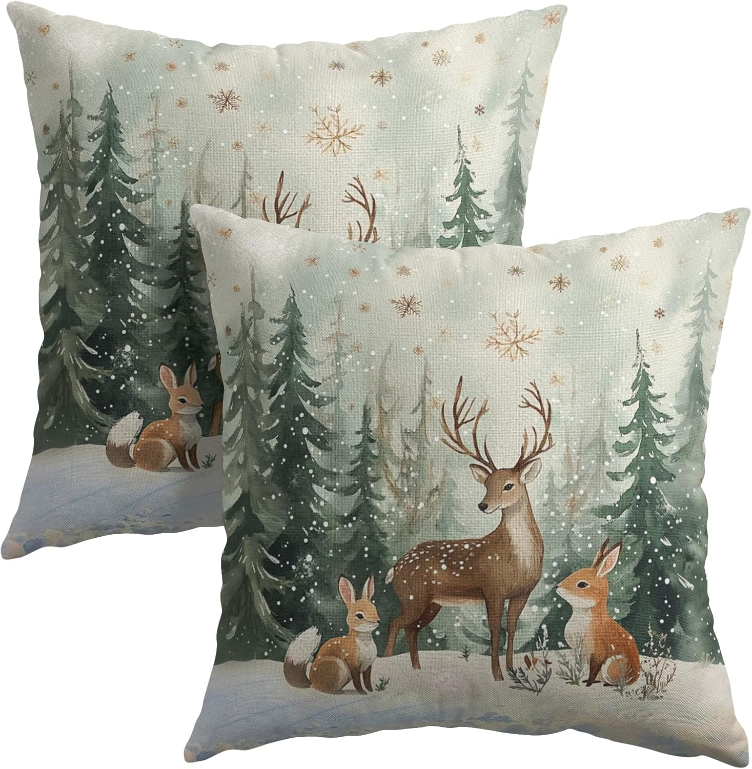 Xmas Reindeer Throw Pillow Cover 18x18 Inch Set of 2 Winter Trees Snowflake Holiday Animals Pillowcase Christma Deer Farmhouse Cushion Case for Home Sofa Couch Decor