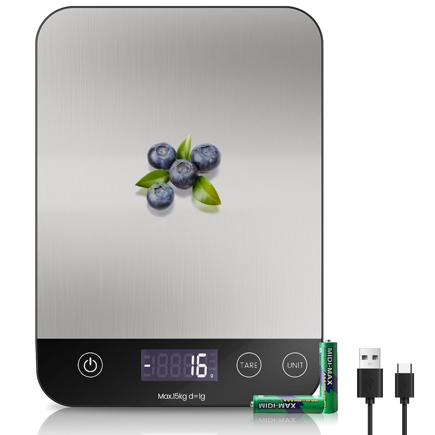 【15Kg/33Lb & USB Rechargeable】 Digital Kitchen Food Scale Kitchen Scale, Stainless Steel Digital Weight Grams and Oz, Baking and Cooking, 0.1Oz Precise, 6 Weight Units (A)